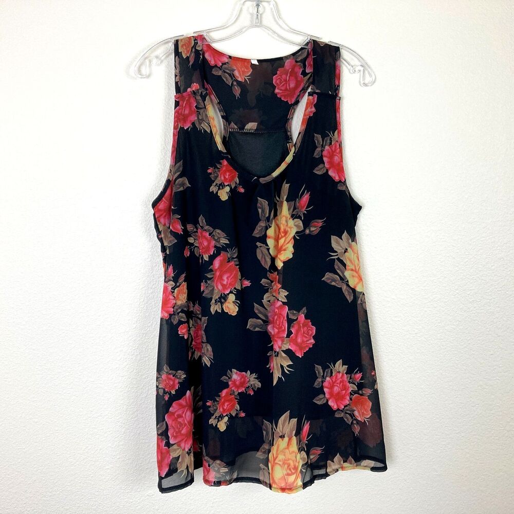 Women's Chiffon Racerback Tank Blouse Size XL Dark Floral Lined Roses Scoop Neck